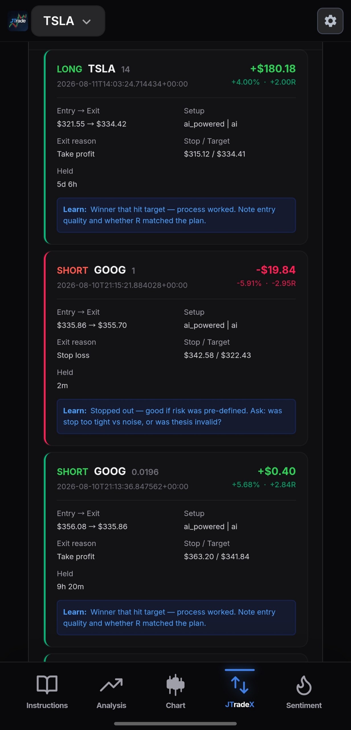 JTradeX Trade detail with paper position